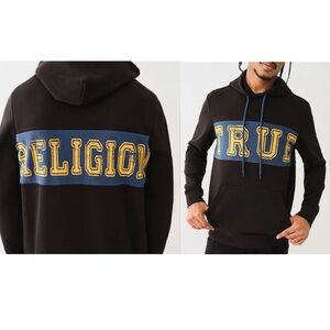 True Religion Contrast Panel Pullover Hoodie Jet Black Style 700022 Size M
